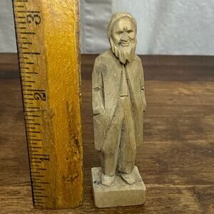 Hand Carved Miniature Trinket Raw Wood Bearded Man / Fisherman Figure Folk Art